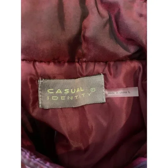Large Casual Identity Women's Full Zip Burgundy Metallic Lightweight Puffer Vest - Picture 9 of 9